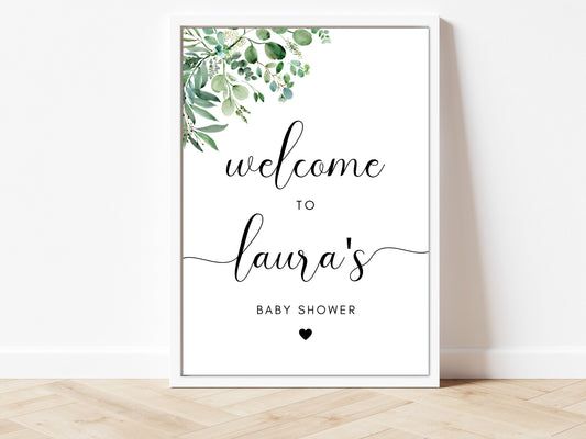 Baby Shower Welcome Sign/ Personalised Floral Greenery Welcome to my Party Poster/ Botanical Eucalyptus Modern Gender Reveal Mummy to Be/AK1