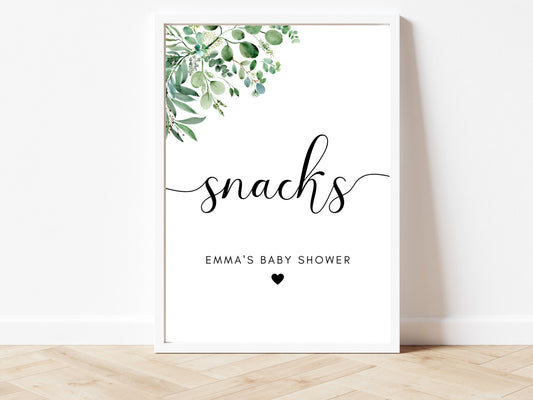 Snacks Sign/ Personalised Birthday Party Print/ Eucalyptus Floral Greenery Snacks and Treats Poster/ Modern Minimalist Simple/ AK1