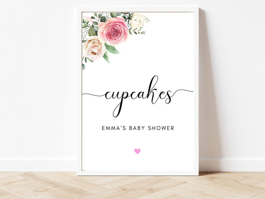 Baby Shower Cupcakes Sign/ Pink Floral Greenery Cupcake Sign/ Eucalyptus Party Cake Cupcakes/ Pink Theme Baby Shower/ Gender Neutral Sign