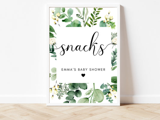 Baby Shower Party Snacks Sign/ Floral Greenery Sign for Party Sweets and Treats/ Eucalyptus Poster/ Boho Gender Reveal Sweet Print/ AK3