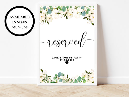 Personalised Reserved Sign/ Greenery Floral Wedding Reserved Seating Party Poster/ Eucalyptus This Seat Is Reserved Sign/ Reception Sign