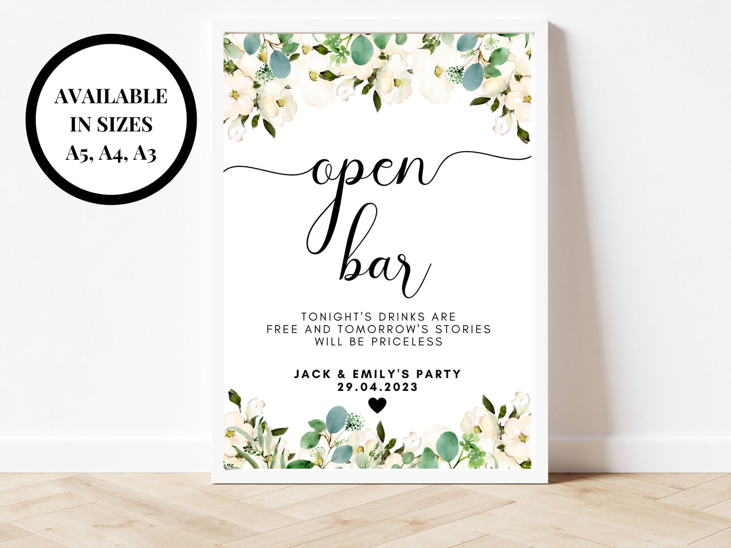 Personalised Open Bar Sign/ Greenery Floral Wedding Bar Poster/ Eucalyptus Funny Open Bar Poster Sign/ Minimalistic Cocktail Drinks Sign