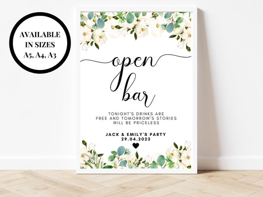 Personalised Open Bar Sign/ Greenery Floral Wedding Bar Poster/ Eucalyptus Funny Open Bar Poster Sign/ Minimalistic Cocktail Drinks Sign