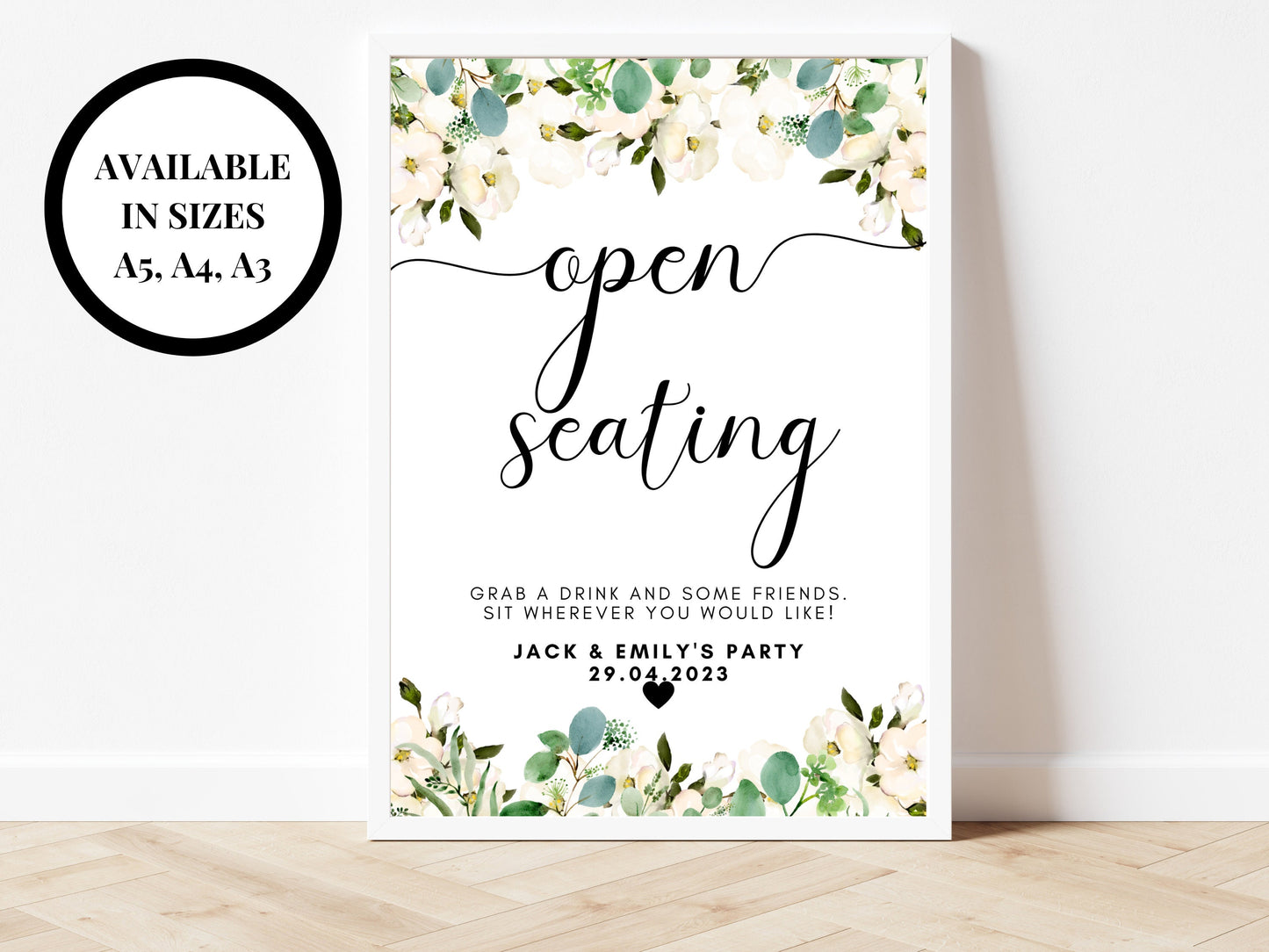 Personalised Open Seating Sign/ Greenery Floral Pick A Seat Not A Side Party Poster/ Open Seating/ Minimalistic Wedding Reception Sign