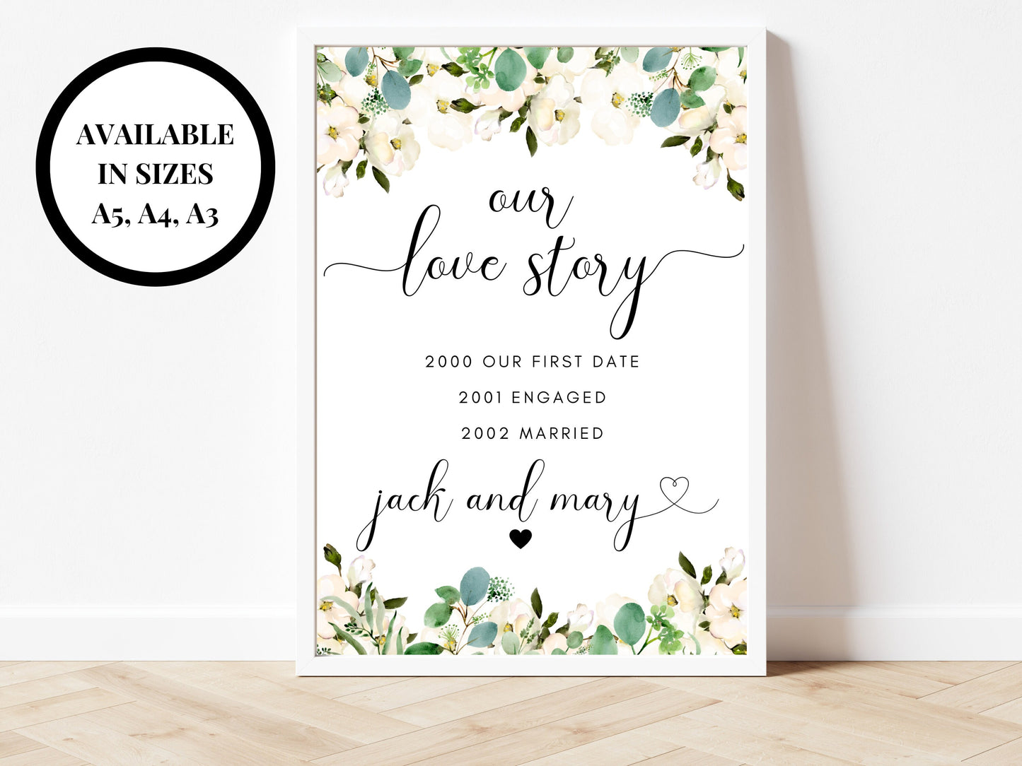 Personalised Our Love Story Sign/ Greenery Floral Wedding Fun Custom Relationship Timeline Poster/ Eucalyptus Wedding Our Love StorySign