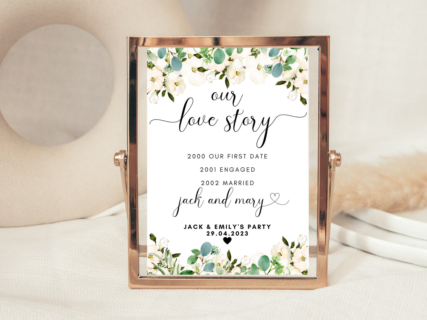 Personalised Our Love Story Sign/ Greenery Floral Wedding Fun Custom Relationship Timeline Poster/ Eucalyptus Wedding Our Love StorySign