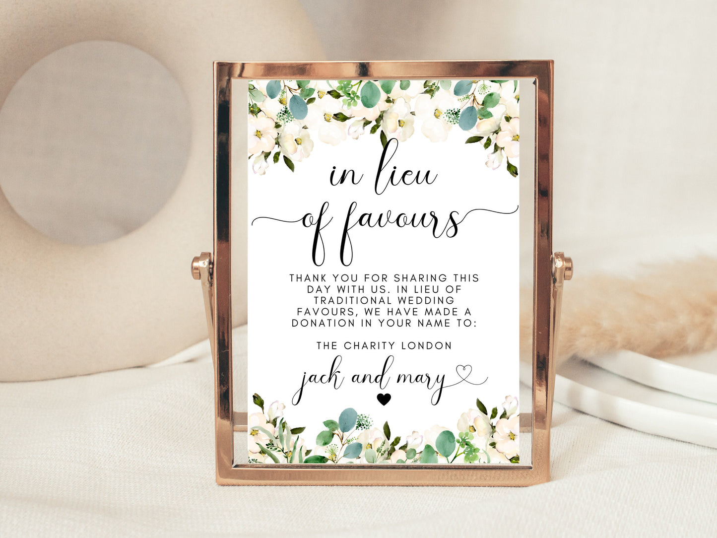 Personalised In Lieu of Favours Sign/ Greenery Floral Wedding Fun Custom Thank You for Sharing This Day With Us/ Eucalyptus Wedding Sign