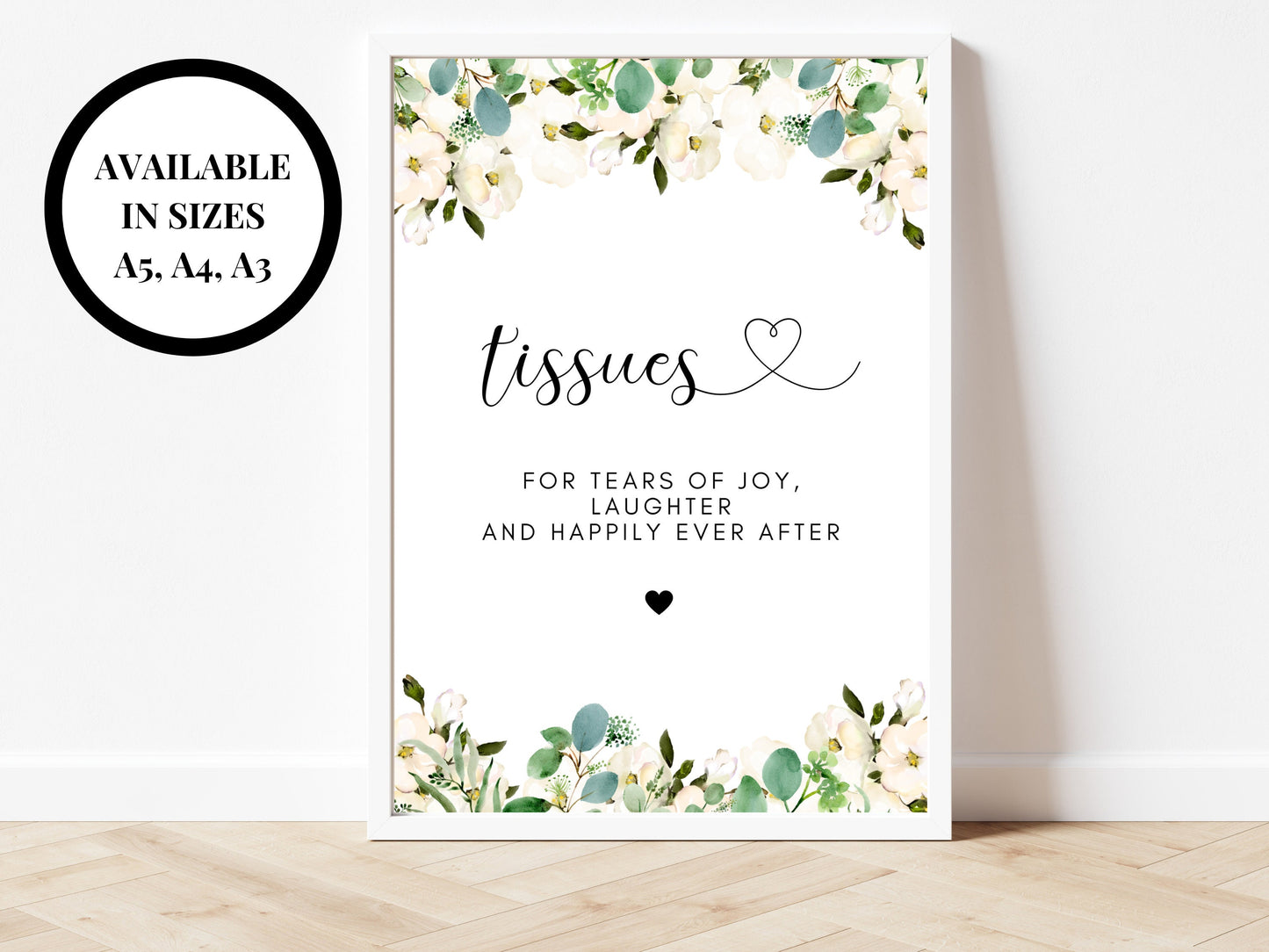 Personalised Tissues Sign/ Greenery Floral Wedding Reception For Tears of Joy Laughter and Happily Ever After/ Eucalyptus Hen Party Tissue