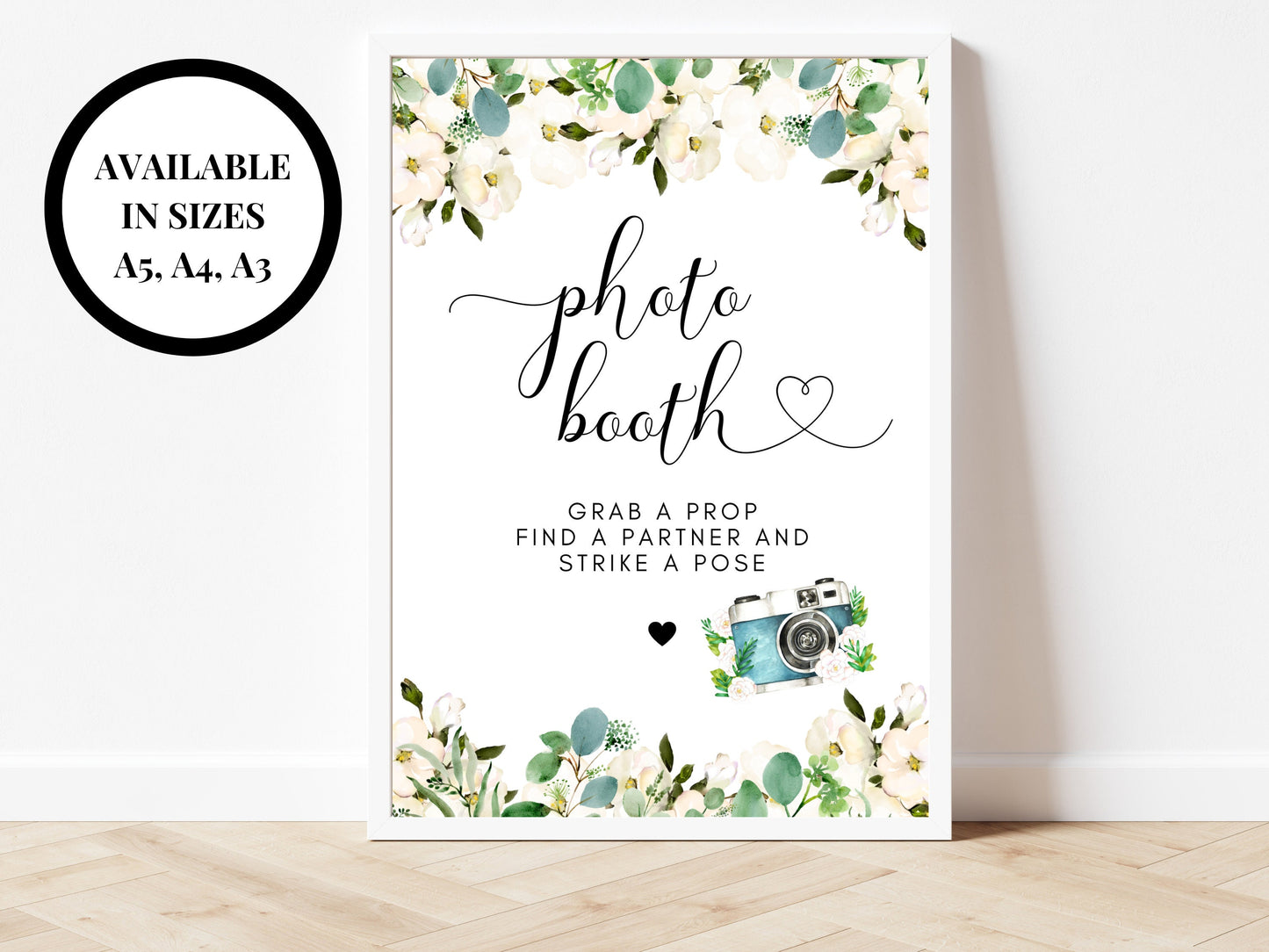 Personalised Photo Booth Sign/ Greenery Floral Wedding Reception Grab A Prop Find A Partner and Strike A Pose/ Eucalyptus Sign Poster