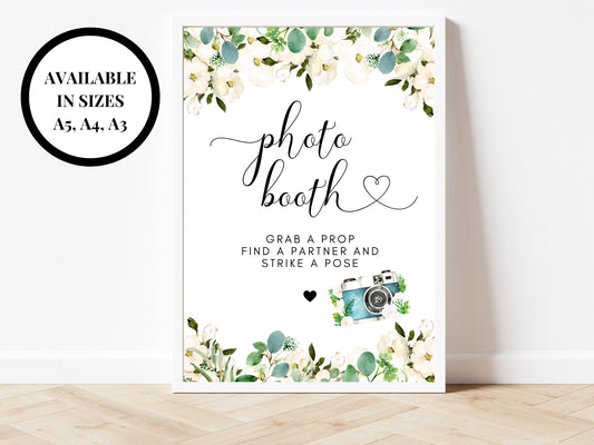 Personalised Photo Booth Sign/ Greenery Floral Wedding Reception Grab A Prop Find A Partner and Strike A Pose/ Eucalyptus Sign Poster