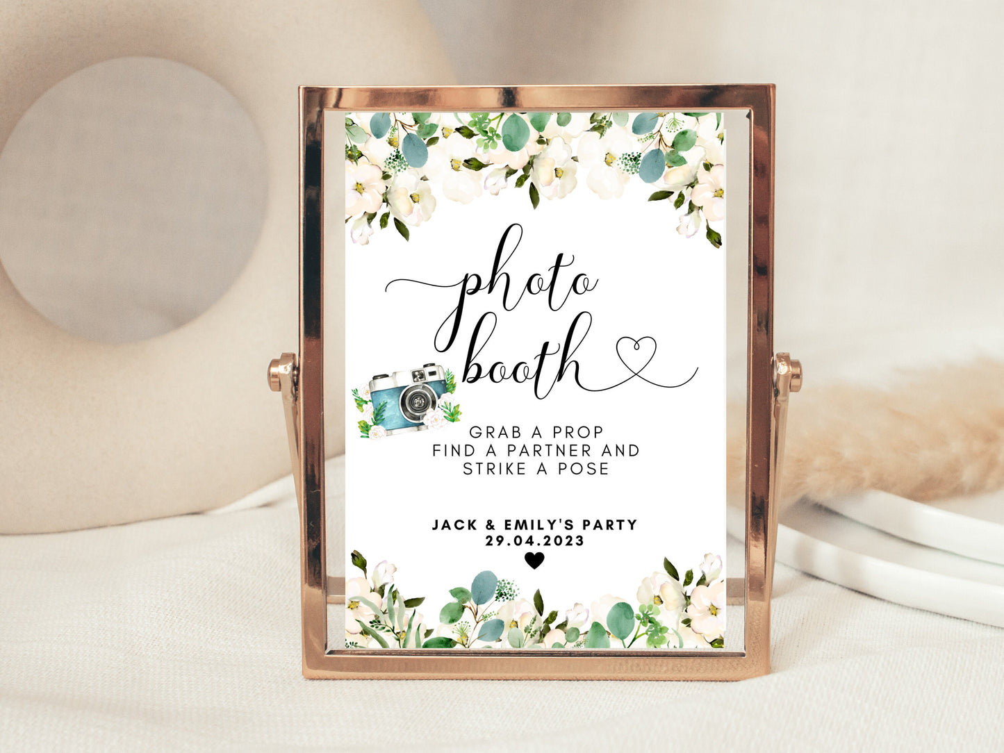 Personalised Photo Booth Sign/ Greenery Floral Wedding Reception Grab A Prop Find A Partner and Strike A Pose/ Eucalyptus Sign Poster