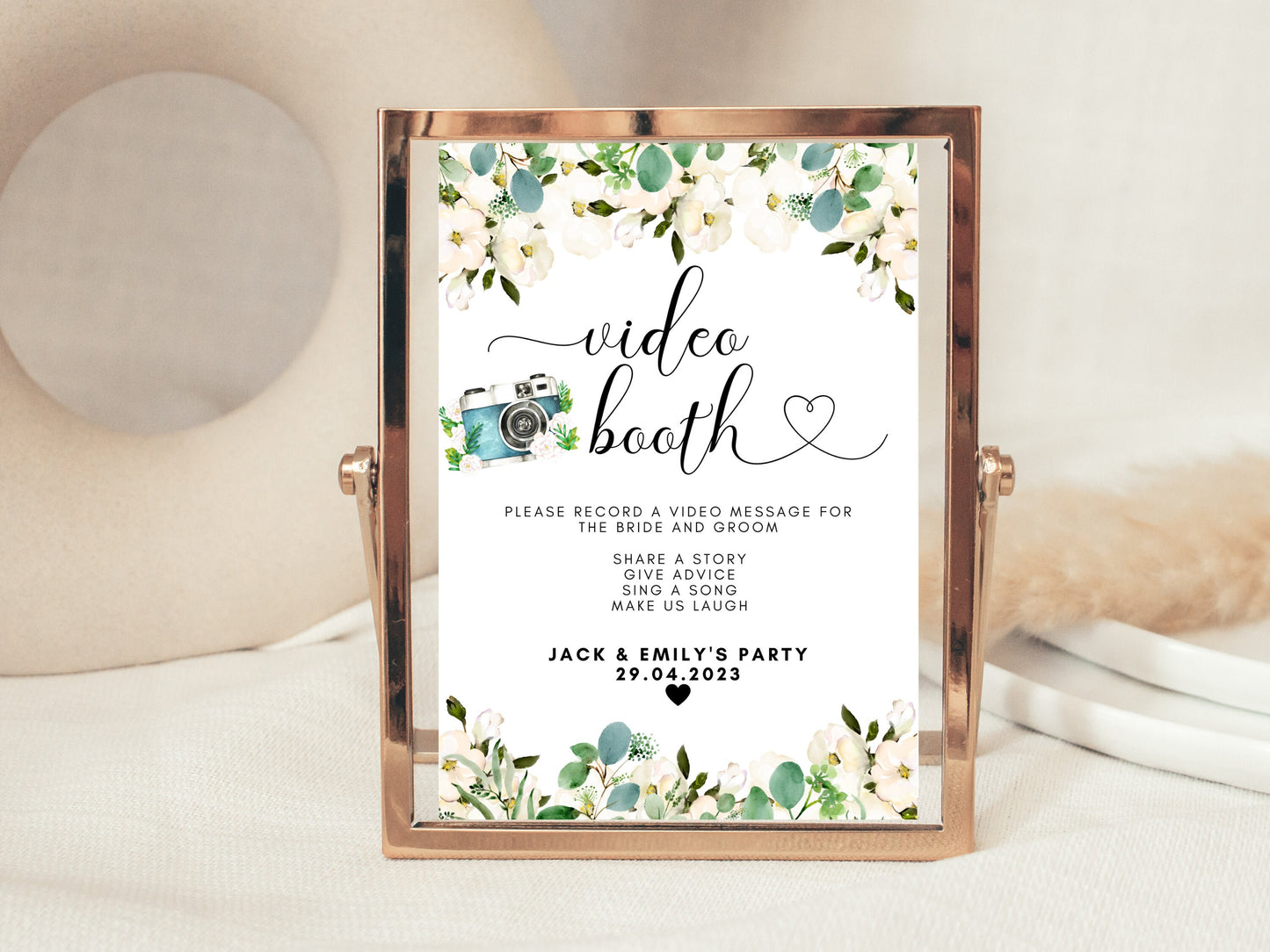 Personalised Video Booth Sign/ Greenery Floral Wedding Reception Please Record A Video Message for the Bride and Groom/ Eucalyptus Sign