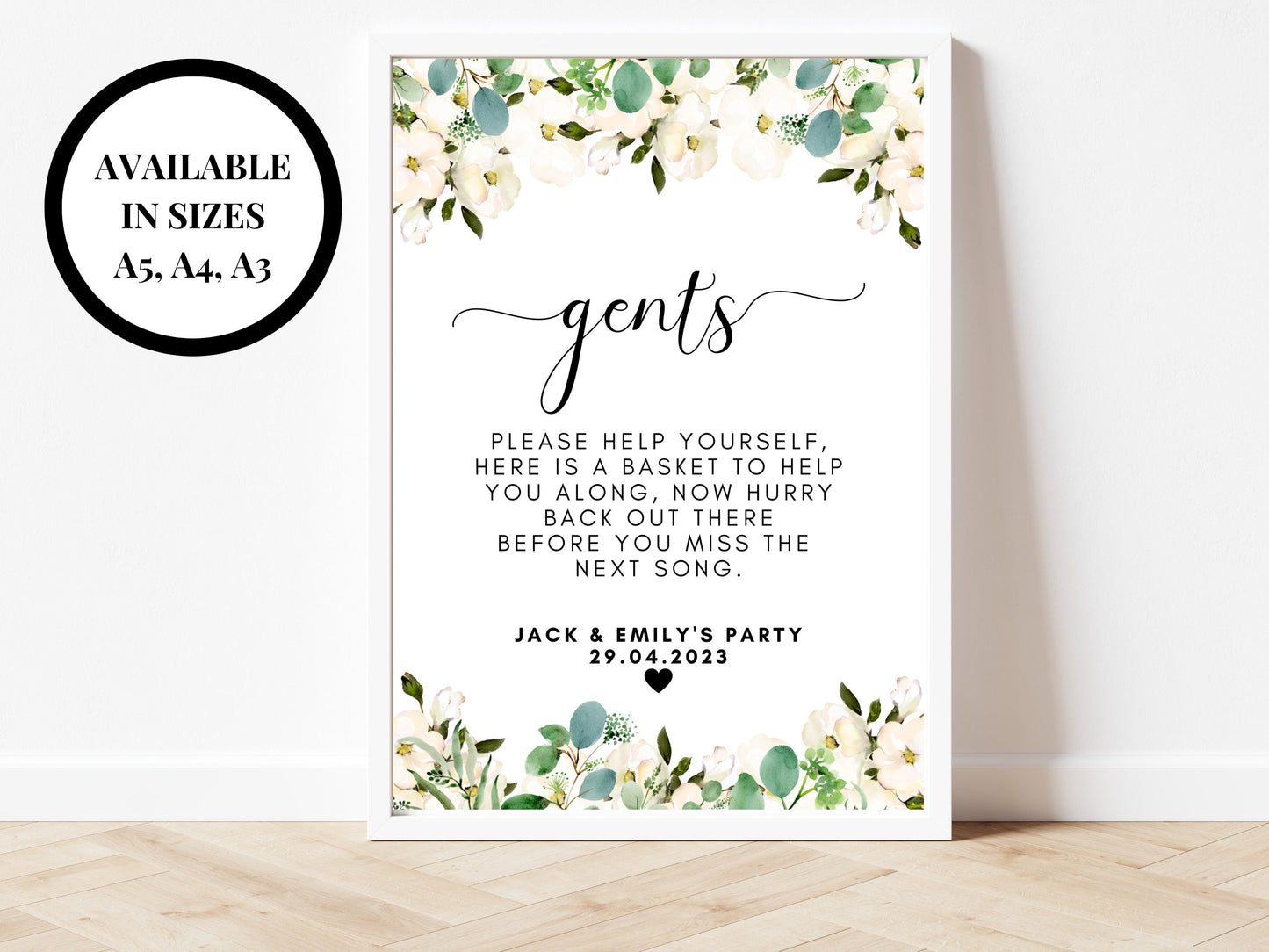 Personalised Gents Bathroom Sign/ Greenery Floral Wedding Reception Party Toilet Poster/ Eucalyptus Wedding Mens Bathroom Toilets Sign