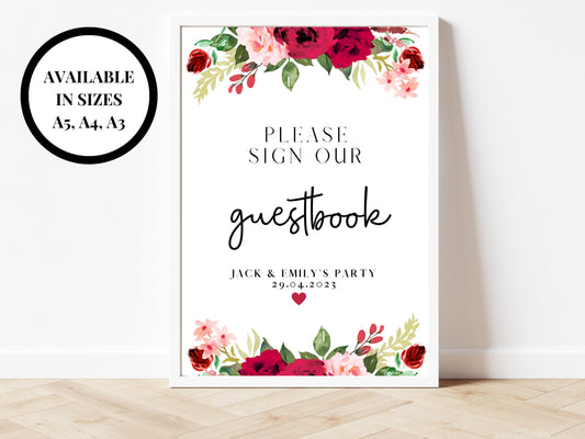 Personalised Red Floral Please Sign Our Guestbook Sign/ Red Roses Flowers Any Occasion Sign/ Red Theme Wedding Party Please Sign Guestbook