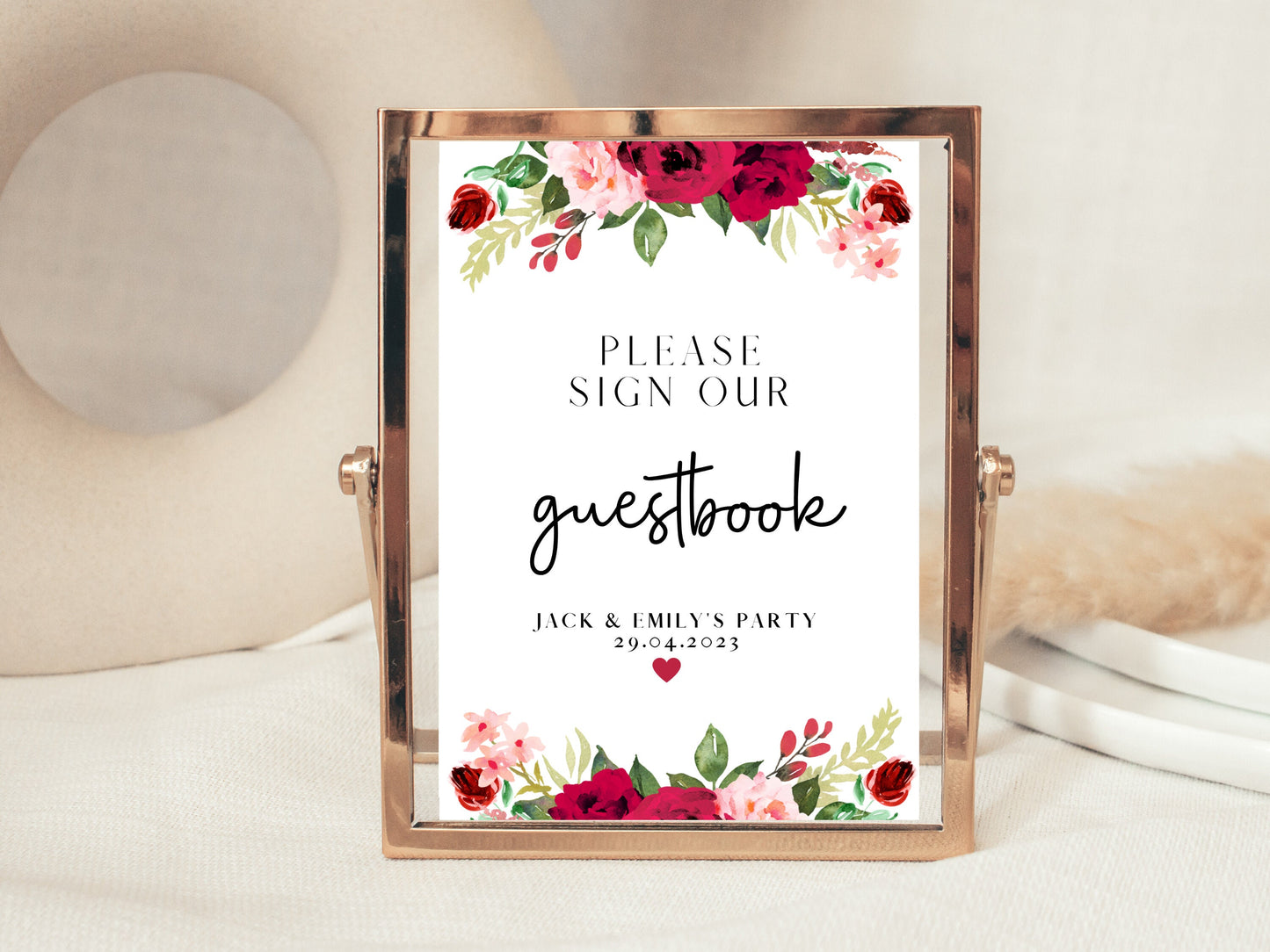 Personalised Red Floral Please Sign Our Guestbook Sign/ Red Roses Flowers Any Occasion Sign/ Red Theme Wedding Party Please Sign Guestbook