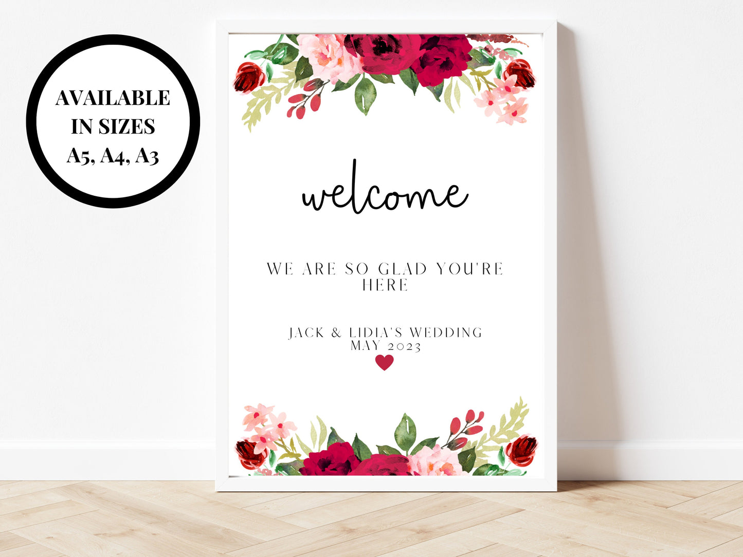 Personalised Red Floral Welcome Sign/ Red Theme Wedding Were So Glad Youre Here Poster/ Red Roses Welcome Sign Poster/ Red Hen Party Sign