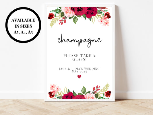 Personalised Red Floral Champagne Sign/ Red Theme Wedding Please Take A Glass Poster/ Red Roses Champagne Sign Poster/ Red Hen Party Sign