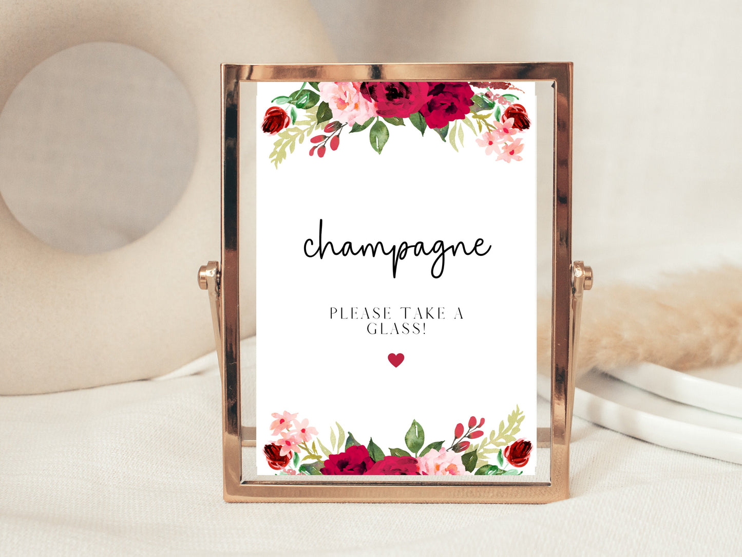 Personalised Red Floral Champagne Sign/ Red Theme Wedding Please Take A Glass Poster/ Red Roses Champagne Sign Poster/ Red Hen Party Sign