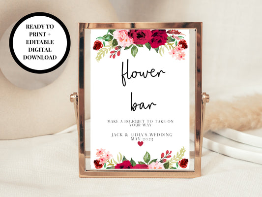 Editable Red Flower Bar Printable Sign/ Wedding Reception Red Roses Flowers Make A Bouquet to Take On Your Way Poster/ Hen Party Flower Bar