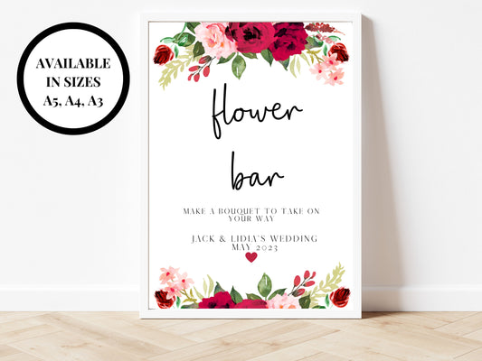 Personalised Birthday Flower Bar Sign/ Happy Birthday Party Decorations Red Theme Make A Bouquet to Take on Your Way/ Flower Bar Poster