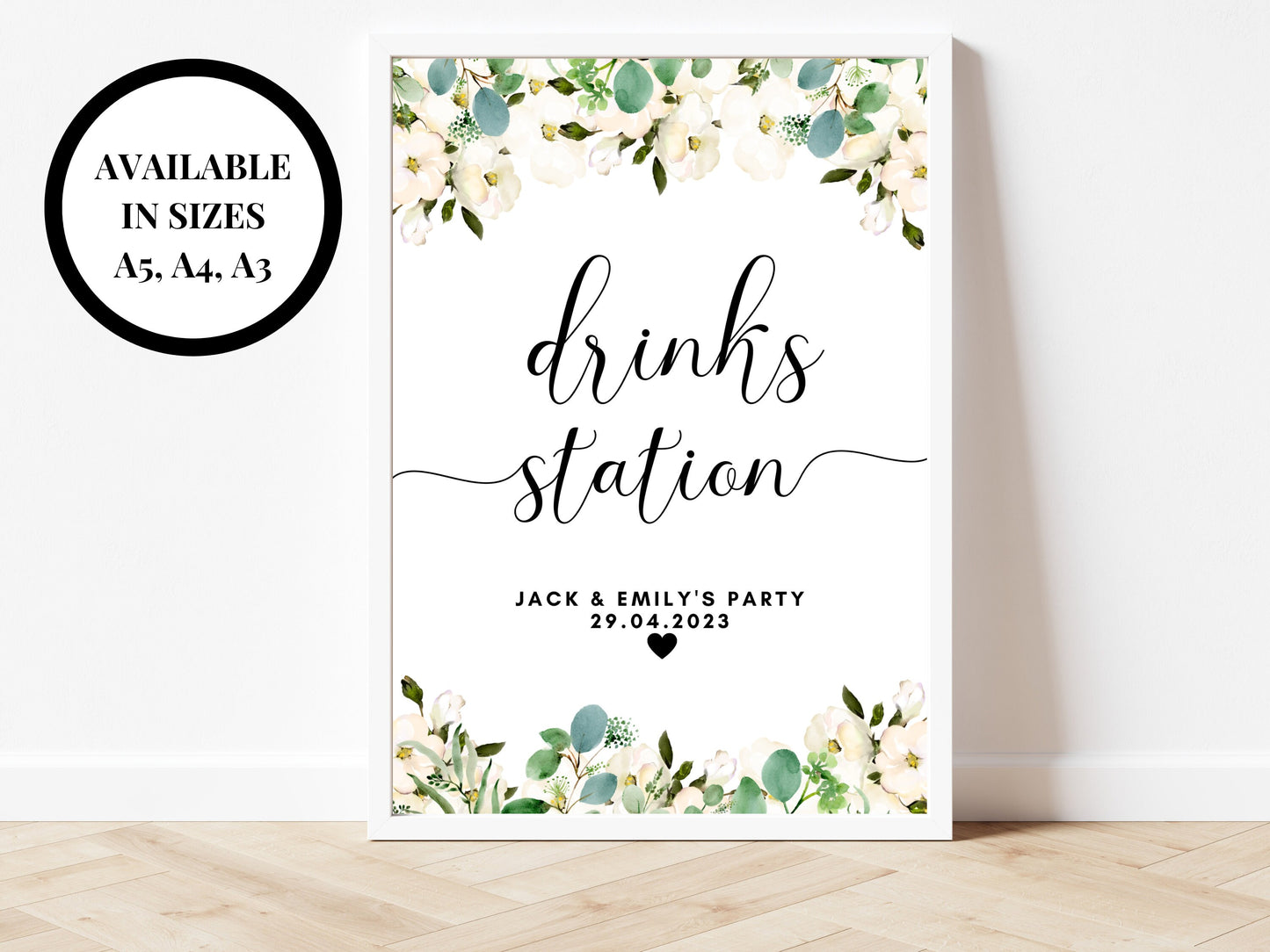 Personalised Drinks Sign/ Floral Wedding Drinks Bar Sign/ Greenery Eucalyptus Wedding Reception Drinks Poster/ Hen Party Weekend Drinks