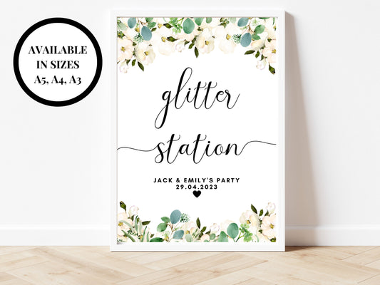 Personalised Glitter Station Sign/ Floral Greenery Eucalyptus Wedding Glitter Station Sign/ Hen Party Glitter Station/ Drinks Bar Sign