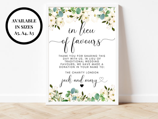 Personalised In Lieu of Favours Sign/ Greenery Floral Wedding Fun Custom Thank You for Sharing This Day With Us/ Eucalyptus Wedding Sign