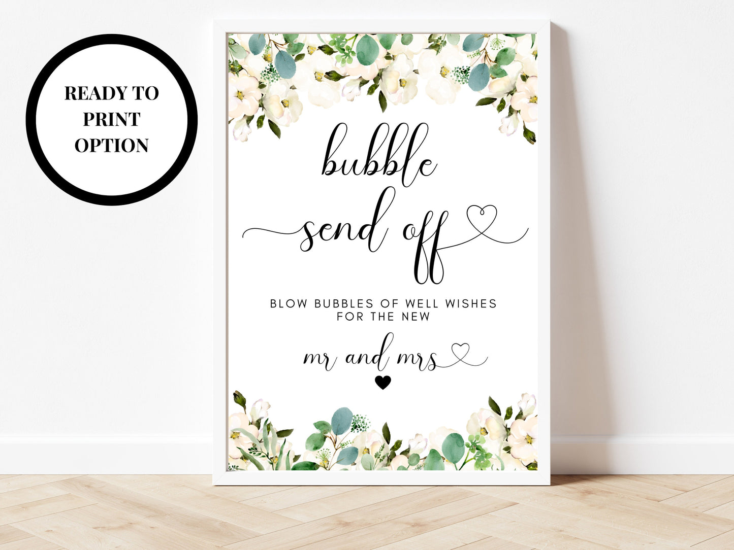 Editable Bubble Send Off Sign/ Greenery Floral Blow Bubbles of Well Wishes for the new Mr and Mrs Sign/ Eucalyptus Bubbles Send Off Sign