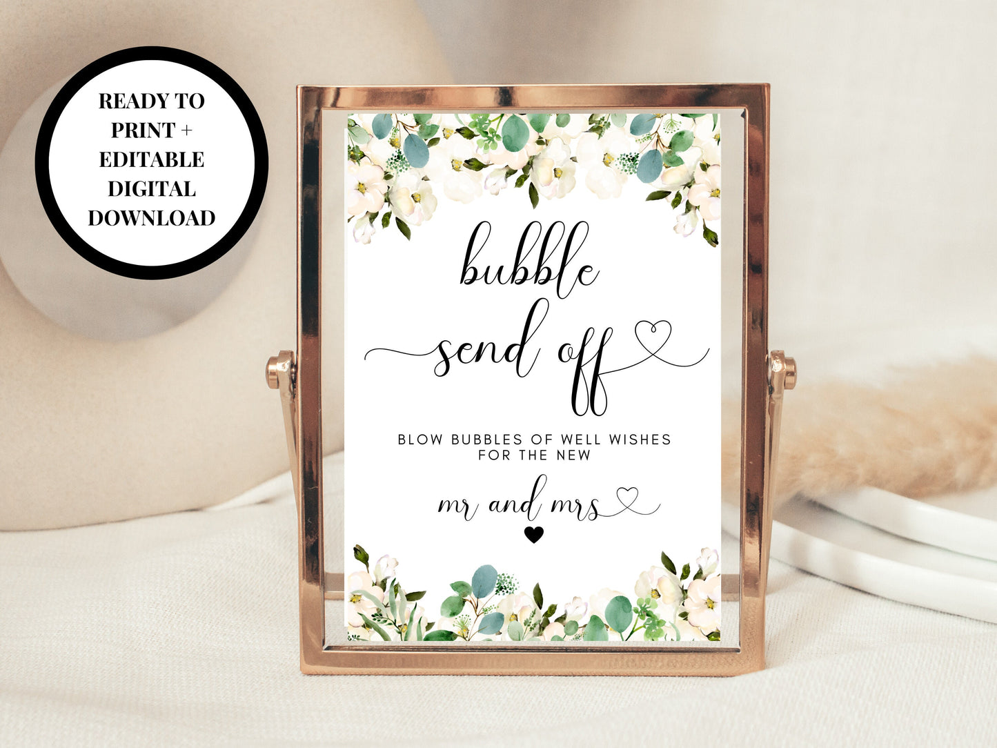 Editable Bubble Send Off Sign/ Greenery Floral Blow Bubbles of Well Wishes for the new Mr and Mrs Sign/ Eucalyptus Bubbles Send Off Sign