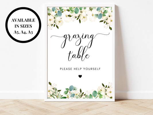 Personalised Grazing Table Sign/ Greenery Floral Wedding Reception Please Help Yourself Sign/ Eucalyptus Hen Party Grazing Table Sign Poster