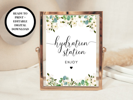 Editable Hydration Station Sign/ Greenery Floral Water Refreshments Drinks Sign/ Eucalyptus Wedding Reception Party Drink Sign/ Water Bottle