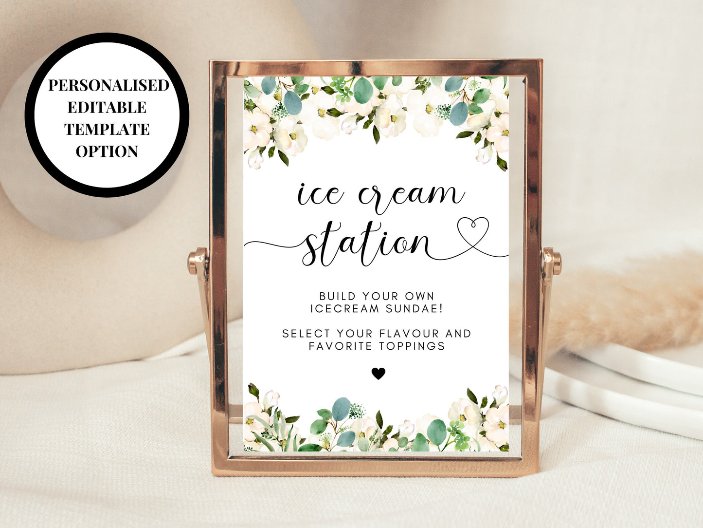 Editable Icecream Station Sign/ Greenery Build Your Own Ice Cream Sundae Party Poster/ Eucalyptus Sign Select Your Favourite Toppings Sign