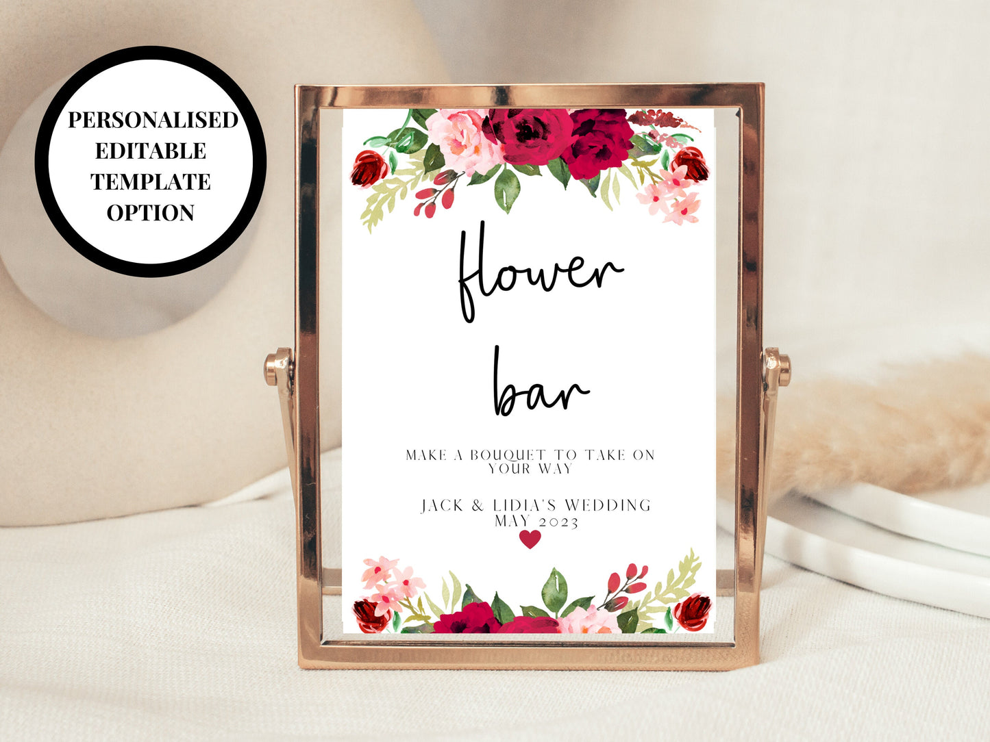 Editable Red Flower Bar Printable Sign/ Wedding Reception Red Roses Flowers Make A Bouquet to Take On Your Way Poster/ Hen Party Flower Bar