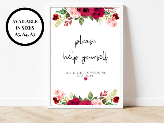 Personalised Please Help Yourself Sign/ Red Floral Wedding Reception Wedding Guest Treats Favours/ Red Theme Please Help Yourself Sign