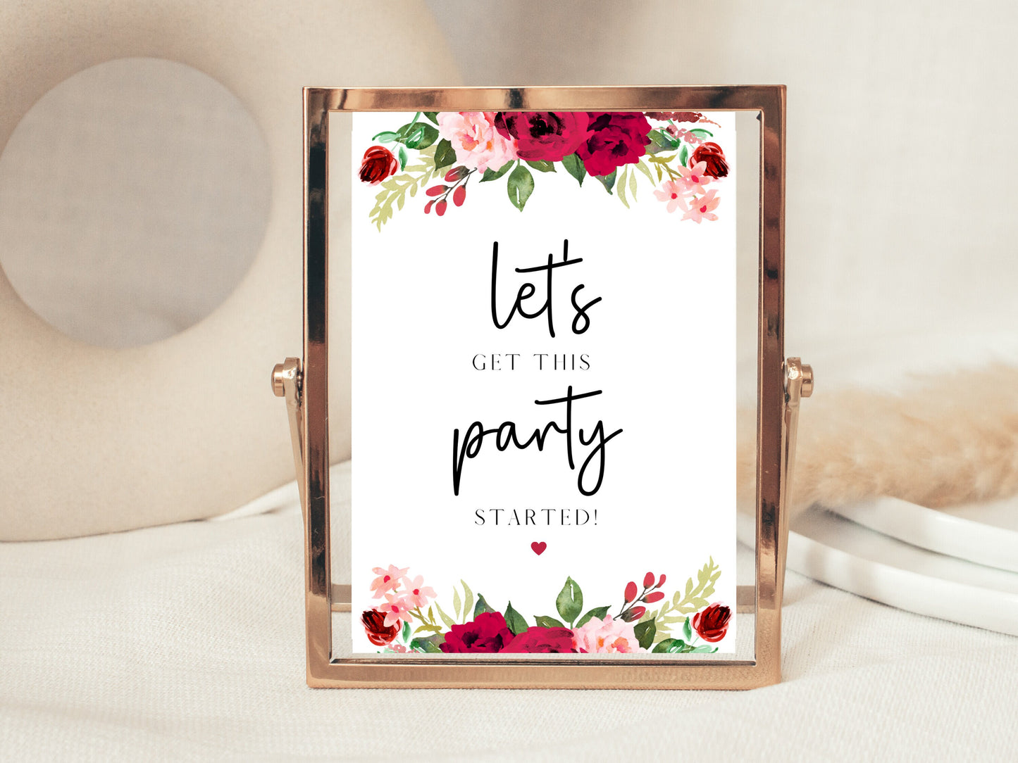 Personalised Get Party Started Sign/ Red Floral Wedding Reception Lets Get This Party Started Poster/ Red Theme/ Hen Party Bachelorette Sign