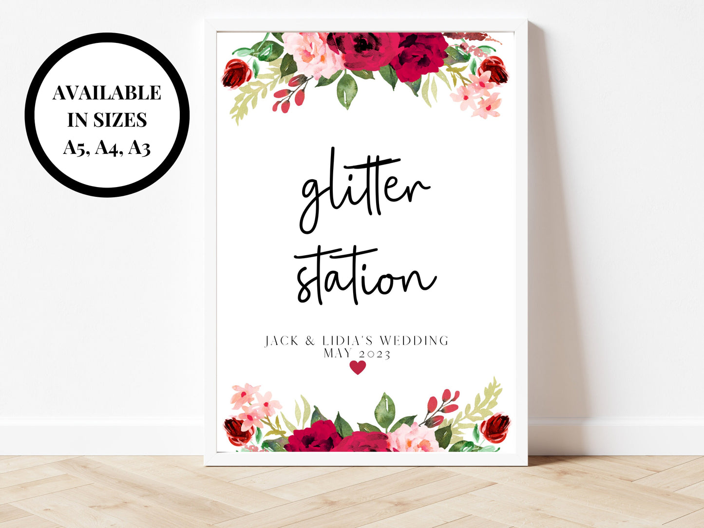 Personalised Glitter Station Sign/ Red Floral Wedding Reception Photo Booth Glitter Prop/ Red Theme Festival Glitter/Hen Party Bachelorette