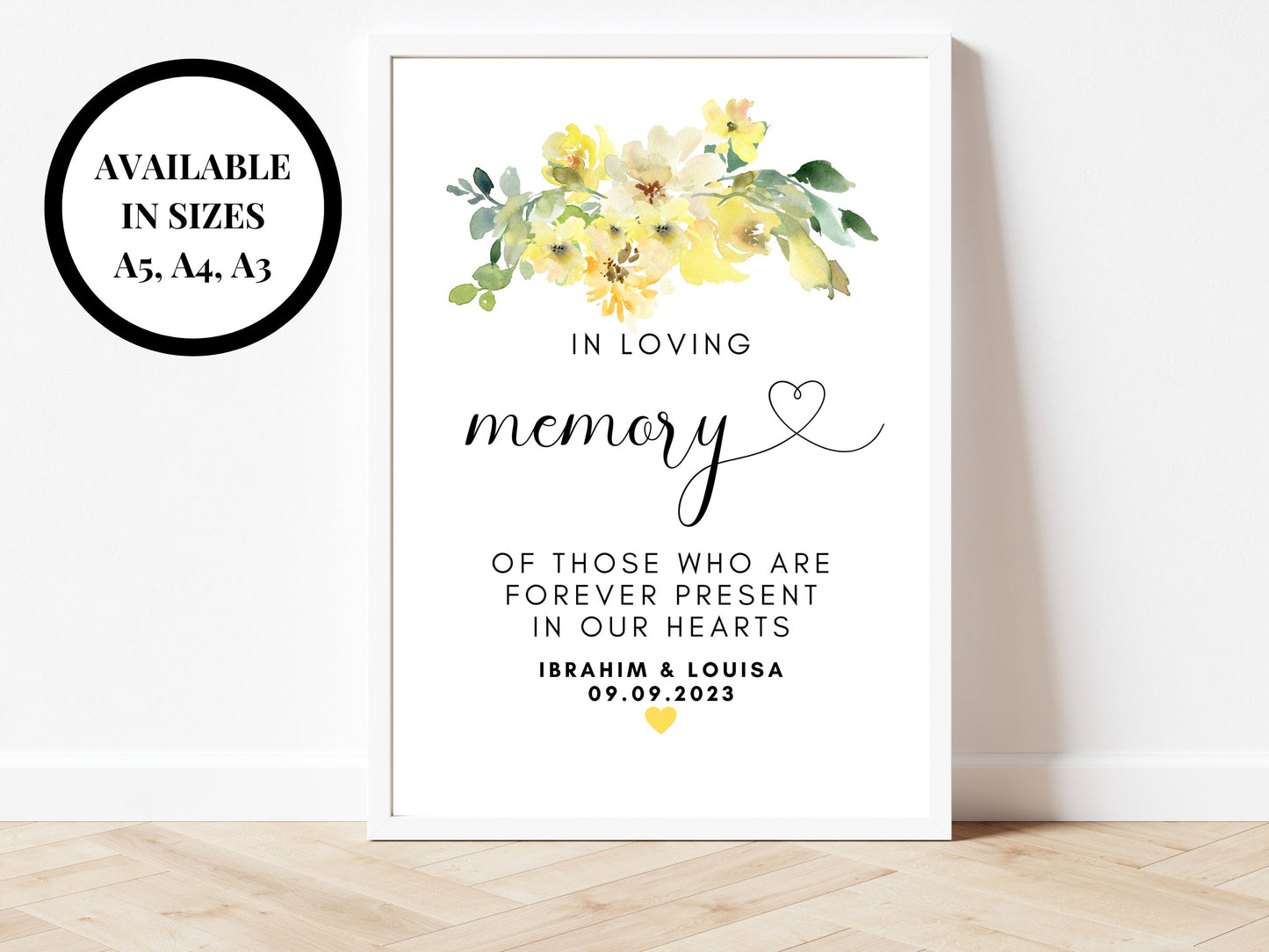 Personalised Yellow Floral In Loving Memory Sign/ Roses Flowers/ Custom In Loving Memory of Those Who Are Forever Present in our Hearts