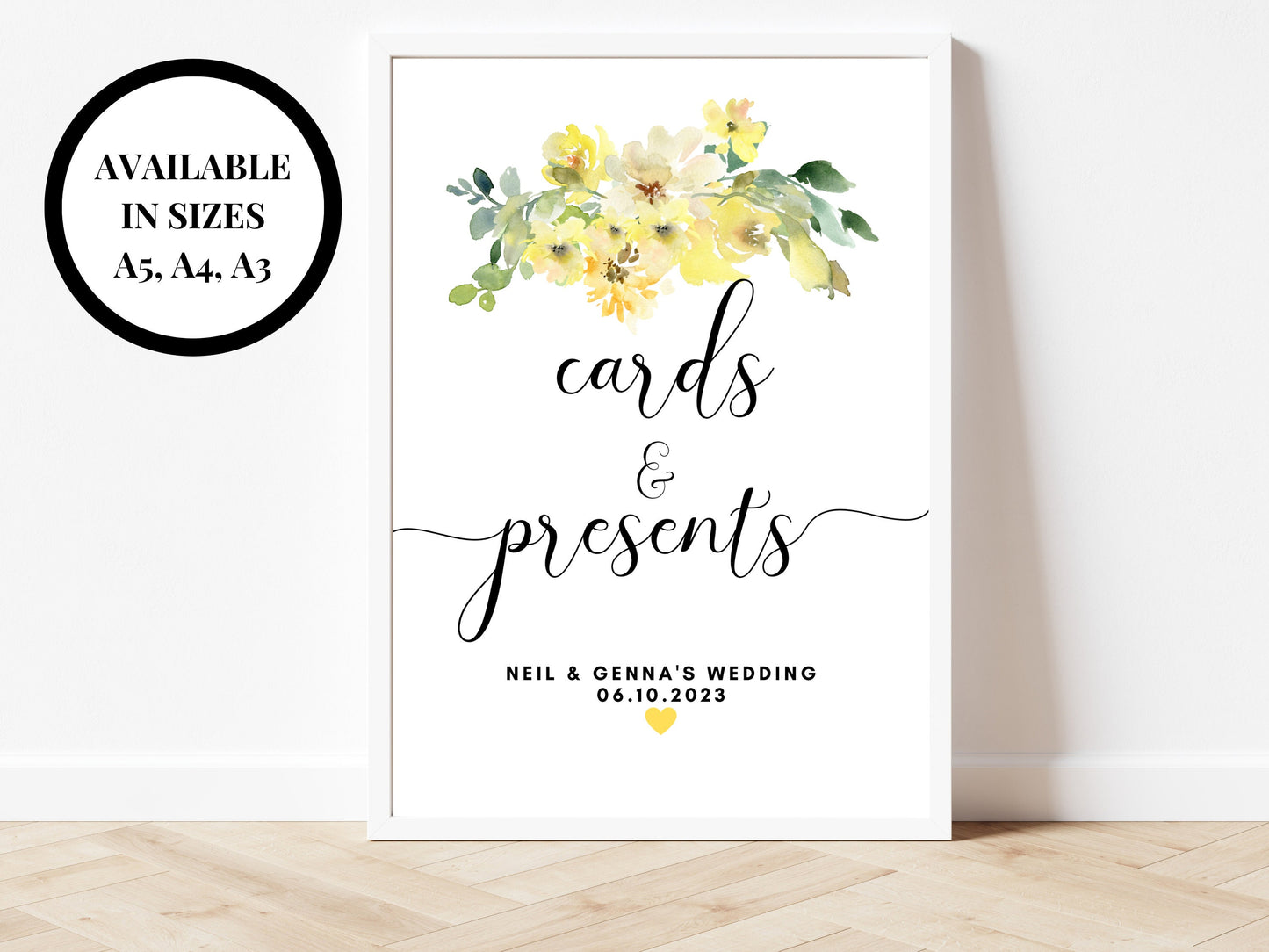 Personalised Yellow Floral Cards and Presents Sign/ Yellow Roses Flowers Wedding Reception Cards Gifts and Presents/ Hen Party Posters