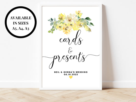 Personalised Yellow Floral Cards and Presents Sign/ Yellow Roses Flowers Wedding Reception Cards Gifts and Presents/ Hen Party Posters