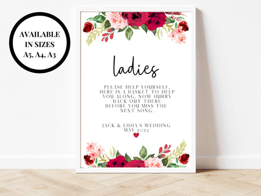 Personalised Ladies Bathroom Sign/ Red Floral Wedding Reception Party Ladies Toilet/ Red Theme Party Ladies Bathroom Toilet/ Hen Party Sign