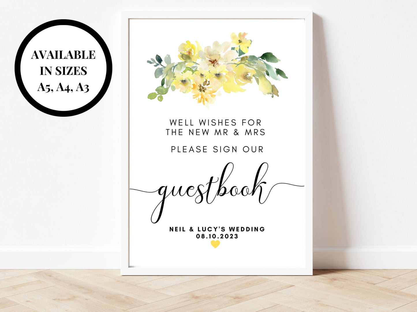 Personalised Yellow Floral Well Wishes Guestbook Sign/ Roses Wedding Reception Well Wishes for the New Mr and Mrs Please Sign Our Guestbook