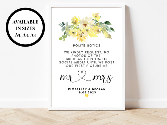 Personalised Yellow Floral No Photos Sign/ Roses Flowers We Kindly Request No Photos of the Bride and Groom on Social Media until We Post