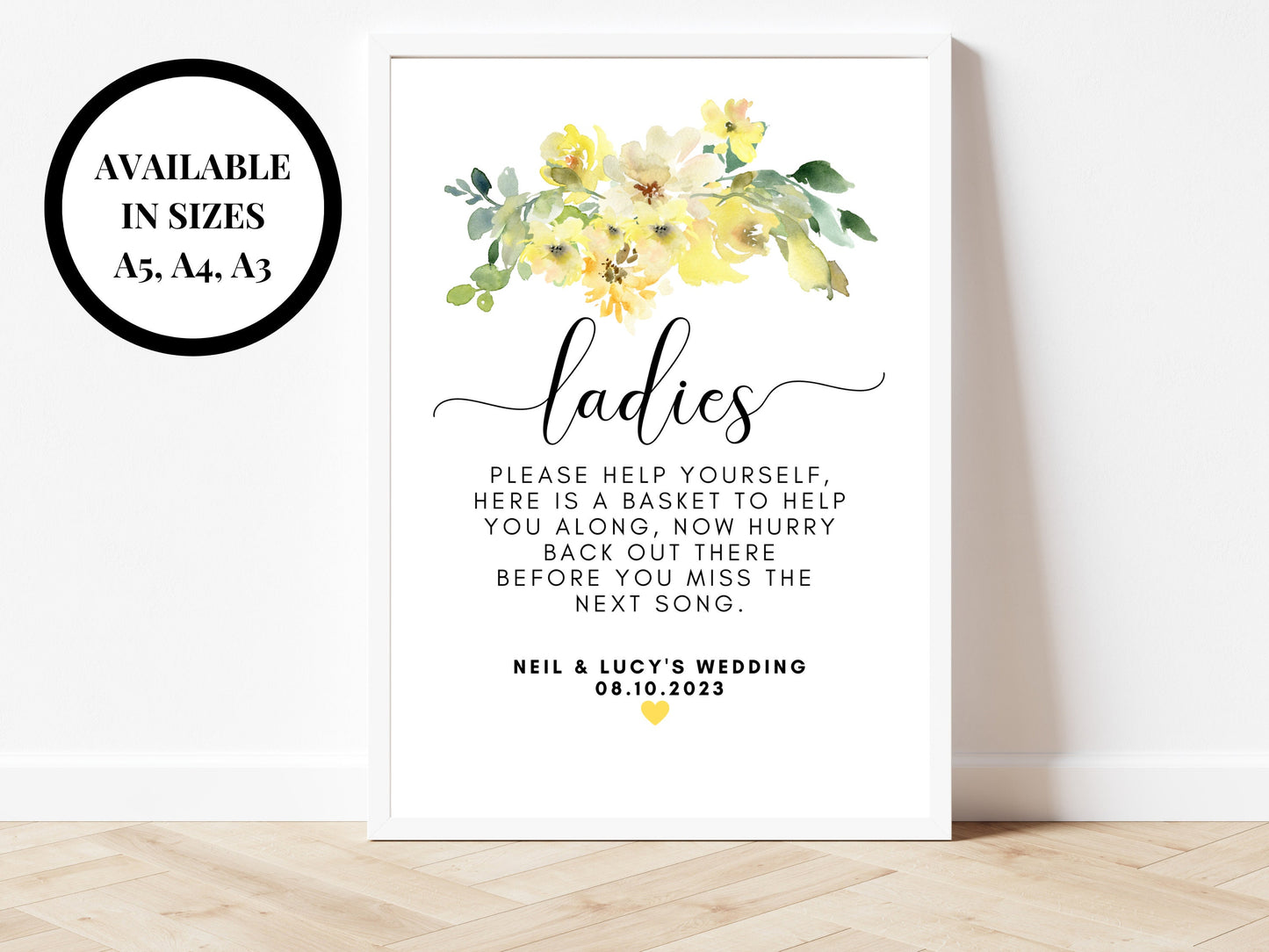 Personalised Yellow Floral Ladies Bathroom Sign/ Yellow Roses Flowers Please Help Yourself Now Hurry Back Out There/ Party Bathroom Sign