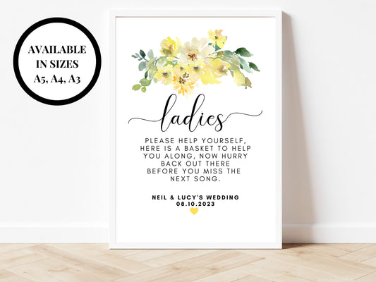 Personalised Yellow Floral Ladies Bathroom Sign/ Yellow Roses Flowers Please Help Yourself Now Hurry Back Out There/ Party Bathroom Sign