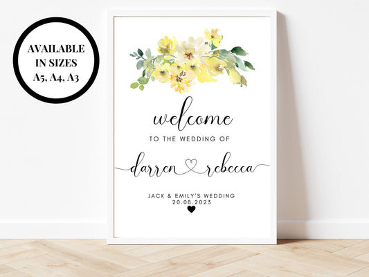 Personalised Yellow Floral Wedding Welcome Sign/ Yellow Roses Floral Wedding Reception Welcome/ Mr and Mrs Welcome to our Wedding Sign