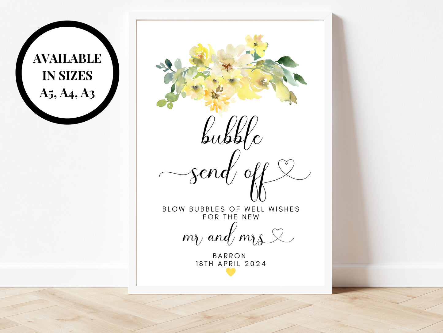 Personalised Yellow Bubble Send Off Sign/ Roses Floral Blow Bubbles of Well Wishes for the New Mr and Mrs/ Fun Bubble Send Off Party Sign