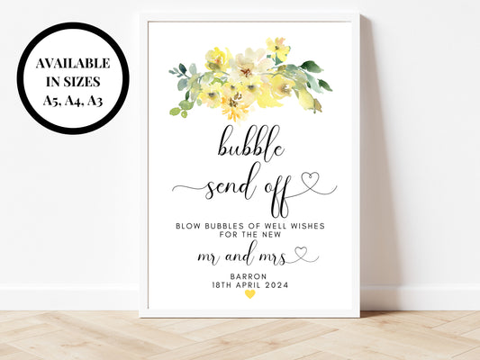 Personalised Yellow Bubble Send Off Sign/ Roses Floral Blow Bubbles of Well Wishes for the New Mr and Mrs/ Fun Bubble Send Off Party Sign