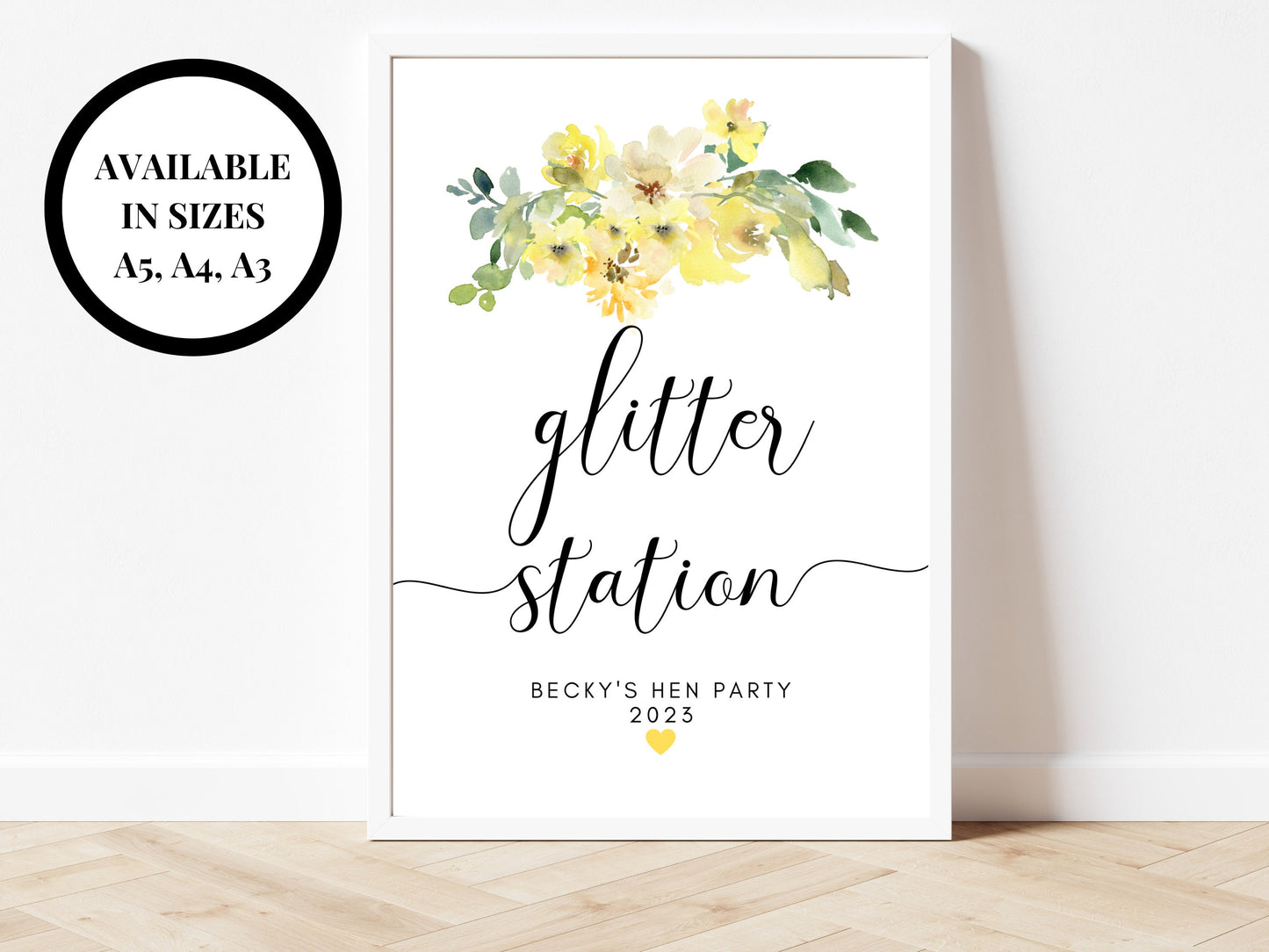 Personalised Yellow Floral Glitter Station Sign/ Roses Wedding/ Bachelorette/ Hen Party/ Bridal Shower Face Painting Glitter Station Sign