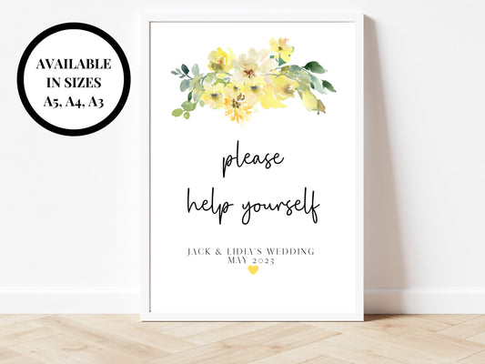 Personalised Yellow Floral Help Yourself Sign/ Yellow Roses Floral Wedding Guest Reception Please Help Yourself Poster/ Help Yourself Sign