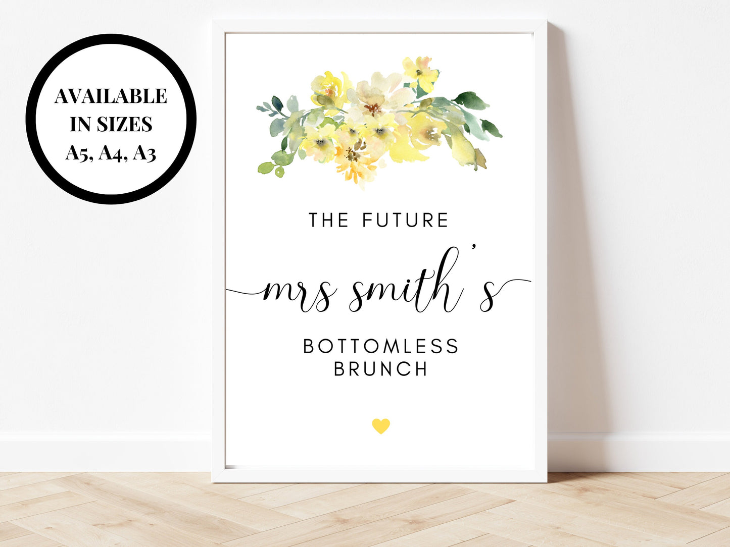 Personalised Bottomless Brunch Sign/Yellow Floral Hen Party Welcome To the Future Mrs Smith Bottomless Brunch Printable Poster/Bridal Shower